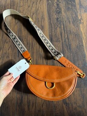 Boho equestrian Tan genuine Leather Crossbody Bag with Patterned Strap NWT